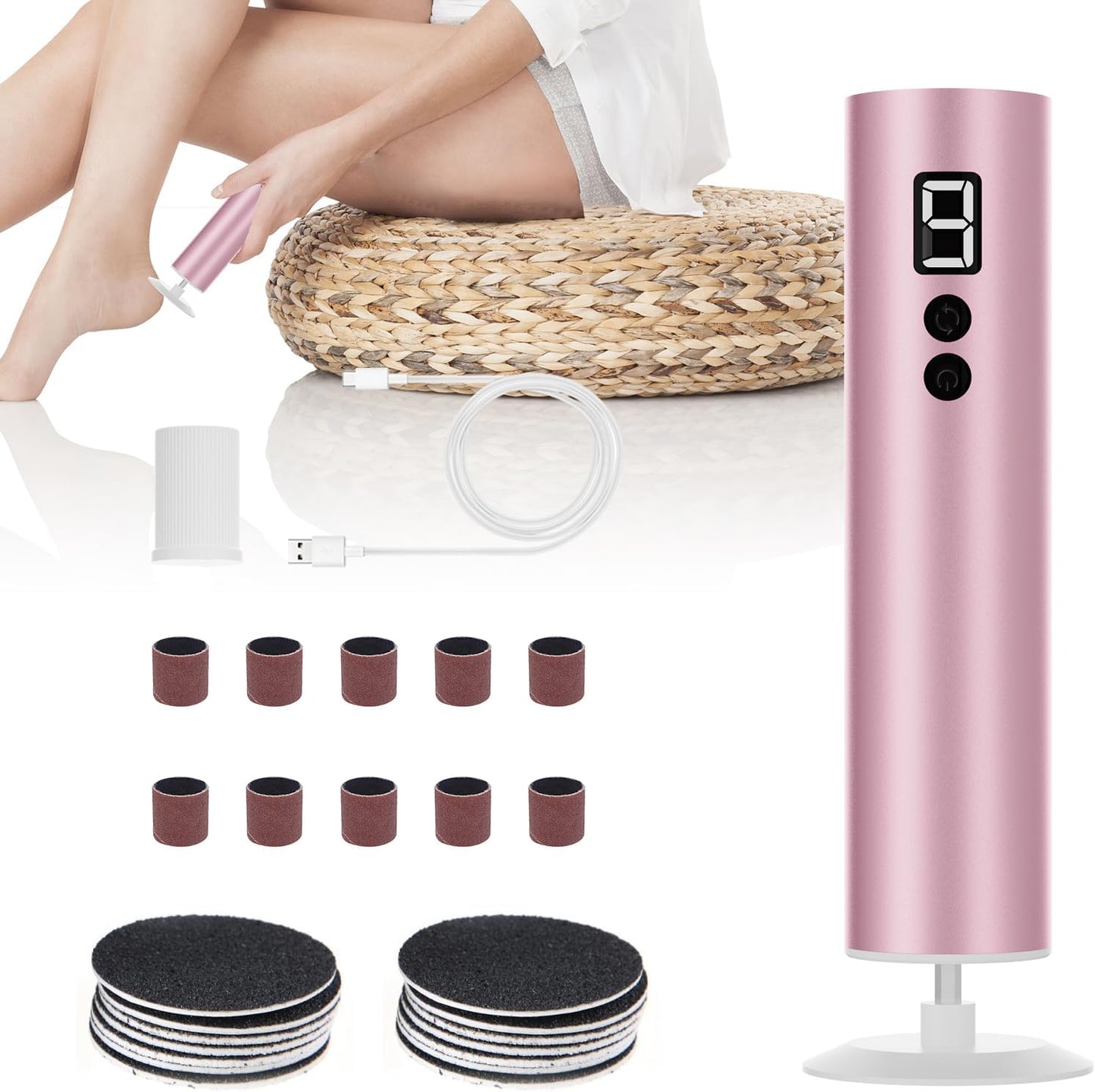 Professional Electric Foot File Tool -Callus Remover Rotating Grinder,1200mAh Rechargeable Battery, 1-Hour Continuous Use, Foot Drill & Sander,Adjustable Speed Foot Files for Deadskin(Pink+White)