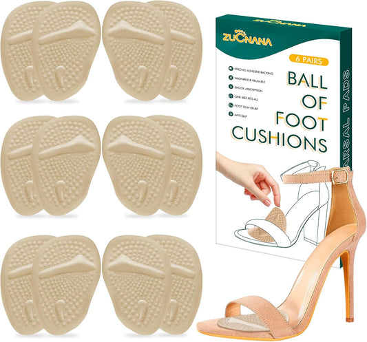 Ball of Foot Cushions (Beige) | Metatarsal Pads for Women (6 Pairs Foot Pads) | Reusable Shoe Inserts for Pain Relief | Non-Slip Heel Cushion Inserts Best for Neuroma and Callus