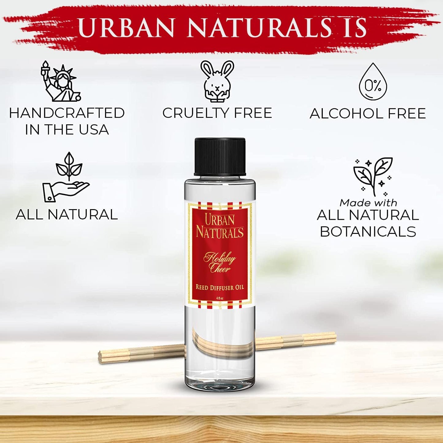 Urban Naturals Reed Diffuser Oil Refill, Holiday Cheer Diffuser Oil with Cranberry, Cinnamon, Evergreen, 4 oz + Free Reed Sticks, Made in The USA