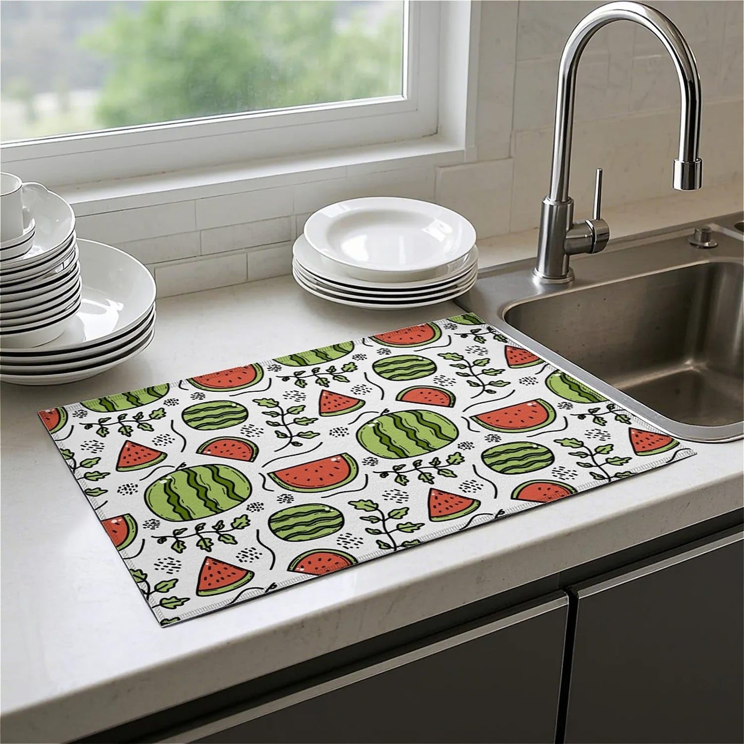 Dish Drying Mat For Kitchen Counter, Cute Watermelon Microfiber Absorbent Dish Drainer Rack Pad Reusable Large 18x24in Drying Mat