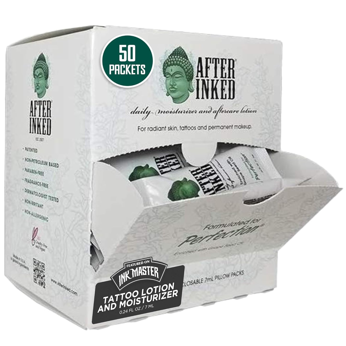 After Inked Tattoo Aftercare Lotion – Tattoo Moisturizing Balm, As Seen on INK MASTER – Hydrating Cream with Grape Seed Oil, Skin Nourishment & Daily Maintenance, Reclosable Pillow Pack (50-Pack), 7ml