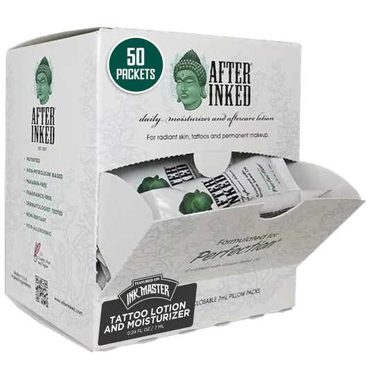 After Inked Tattoo Aftercare Lotion – Tattoo Moisturizing Balm, As Seen on INK MASTER – Hydrating Cream with Grape Seed Oil, Skin Nourishment & Daily Maintenance, Reclosable Pillow Pack (50-Pack), 7ml