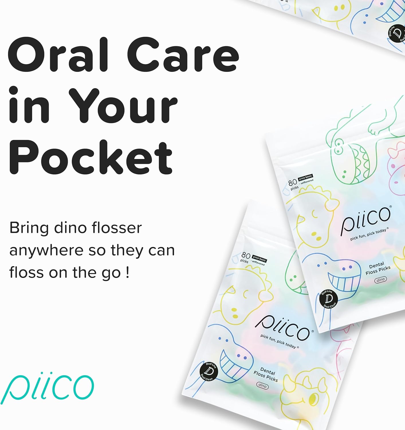 Piico No Flavor Kids Floss - No Fluoride Dual Line Dental Floss Picks - Fun Oral Care in Colorful Floss Sticks Design - Kids Flossers Prevent Tooth Decay & Gum Disease - 150 Homebox Dino & Travel Case