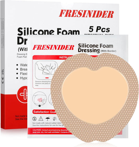 FRESINIDER 7"x7" (Pack of 5) Wound Silicone Sacral Foam Dressing - Sacrum Foam Adhesive with Border - Waterproof Absorbent Breathable Bed Sore Pressure Pads