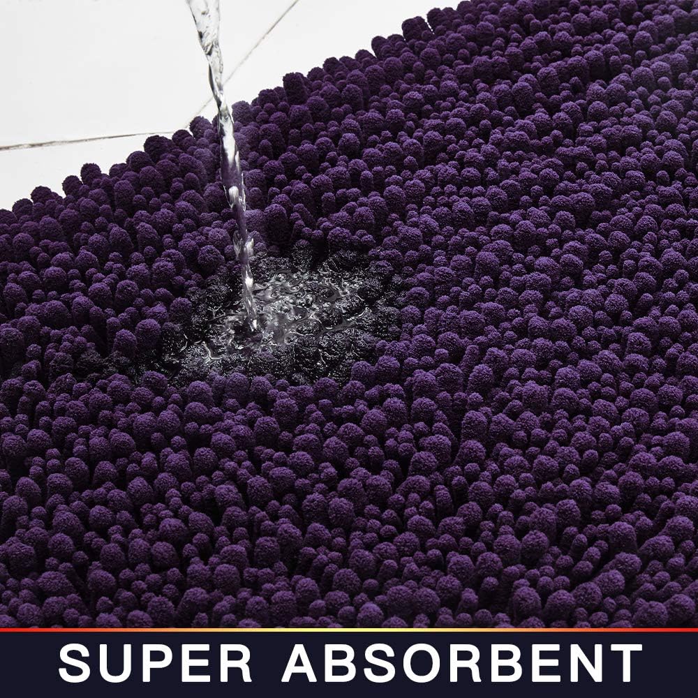 Walensee Bathroom Rug 2 Pieces Set Non Slip Bath Mat (20"x32" Plus 20"x24" U Dark Purple) Water Absorbent Super Soft Shaggy Chenille Machine Washable Dry Extra Thick Perfect Carpet for Shower Floor