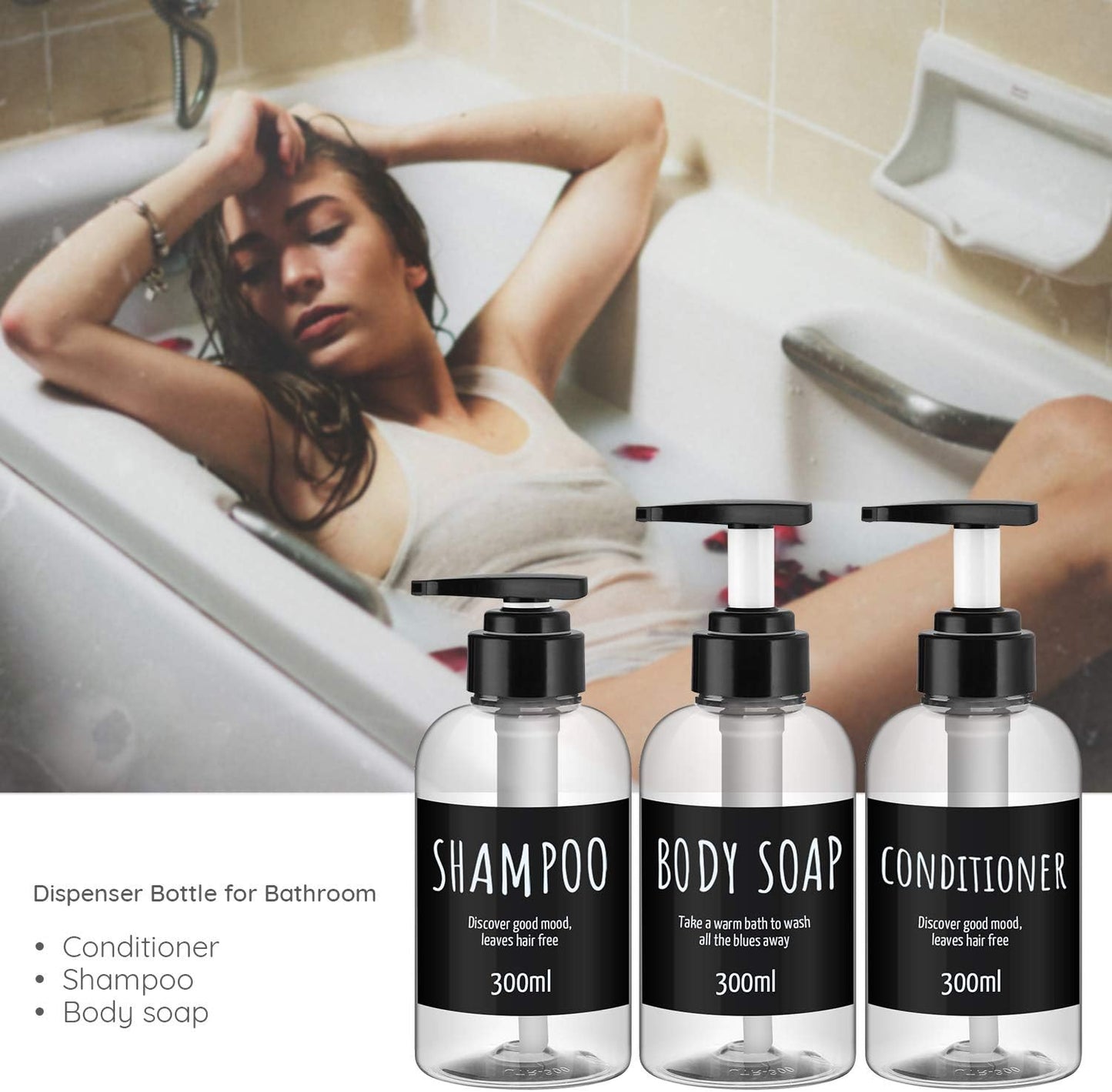 Shampoo Dispenser Bottle, Segbeauty 3pcs 10.1oz/300ml Plastic Pump Bottle Dispenser, Refillable Shampoo Pump Bottles for Shower, Pump Bottles for Body Soap Shampoo Conditioner Hotel Bathroom