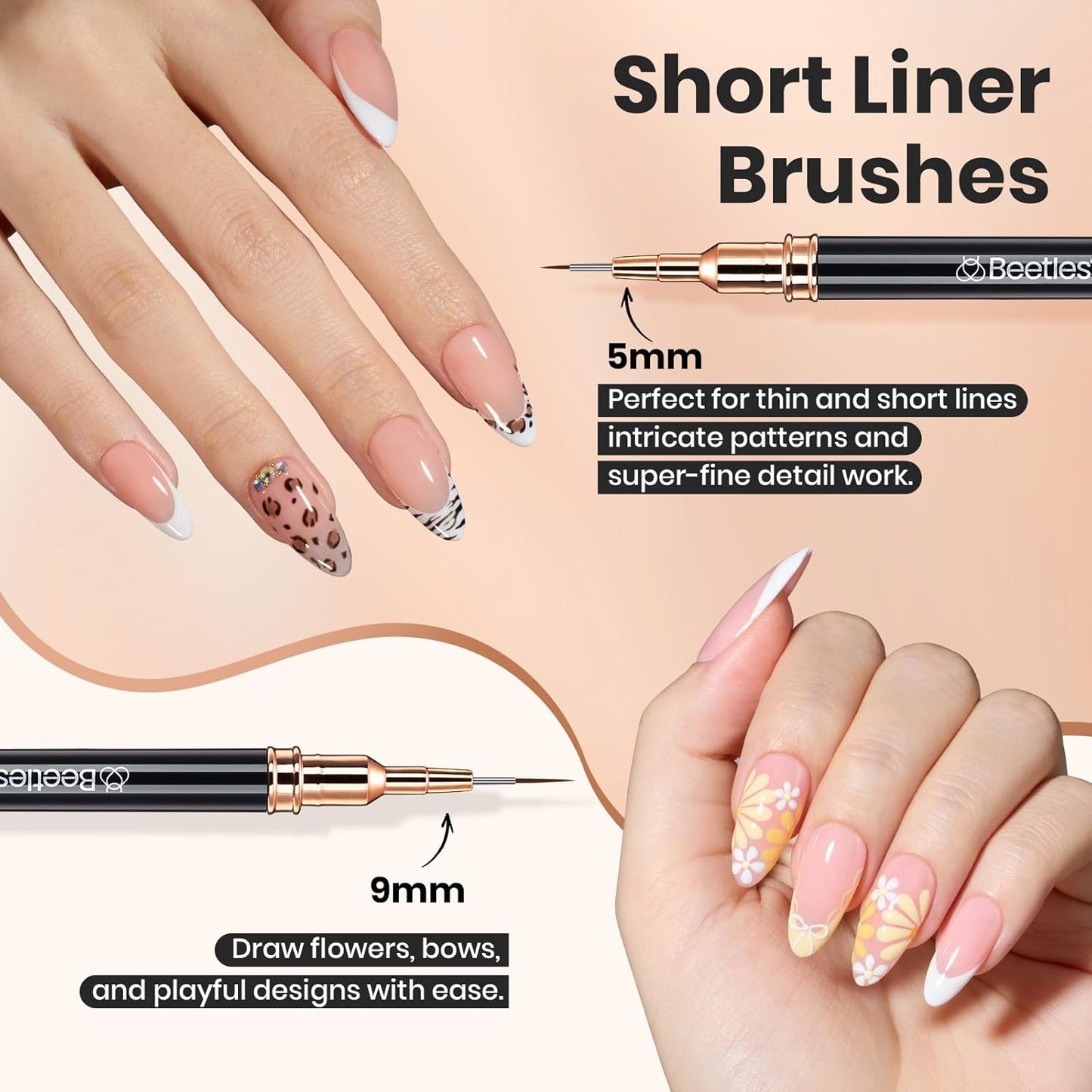 Beetles Liner Brushes for Nails 5pcs - Metallic Nail Art Brushes Black Nail Art Pens Liner Sizes 5/9/15/20/25mm with Palette Holder Painting Manicure Design Tools for Long Lines, Details, Fine Drawing