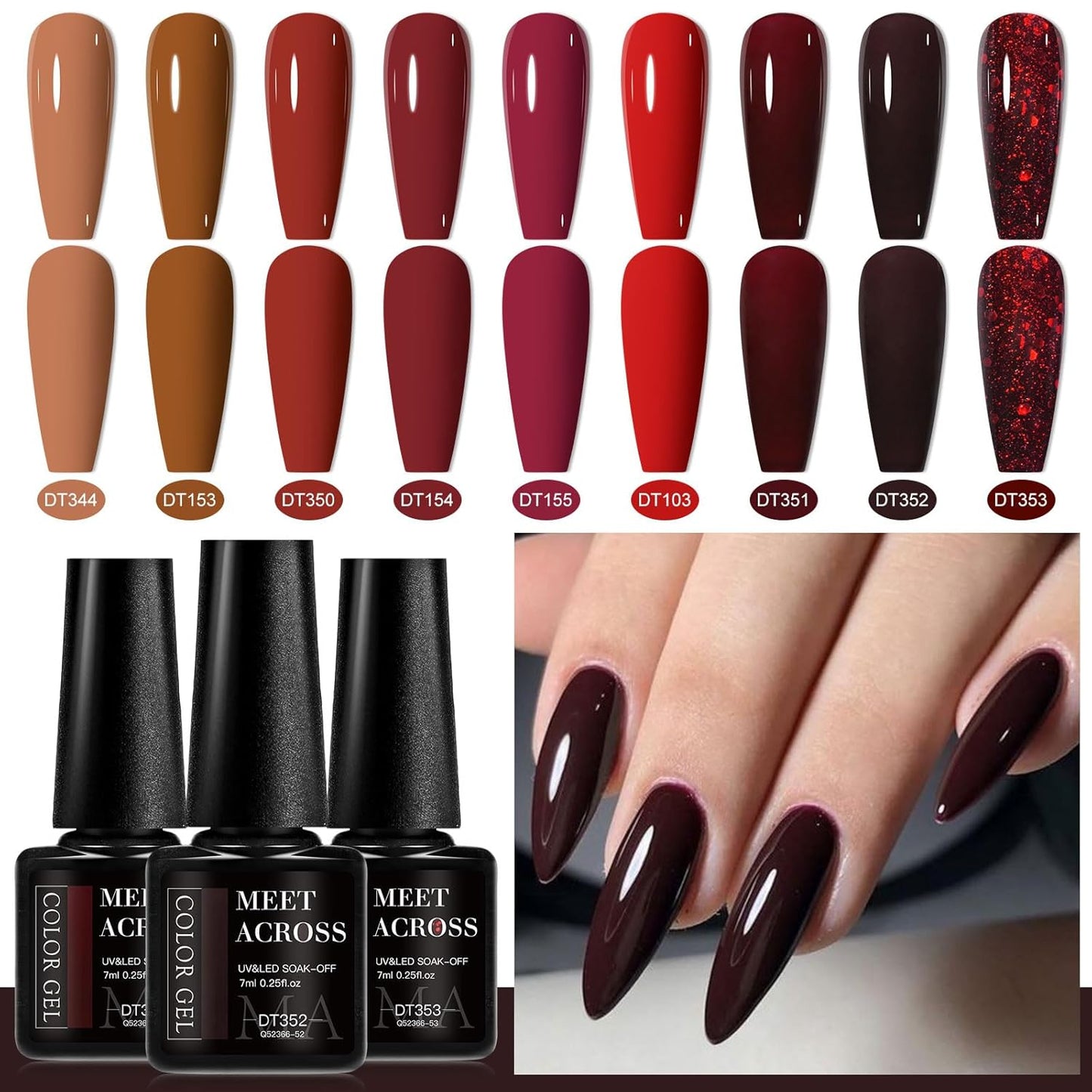 MEET ACROSS 9 Colors Gel Nail Polish + 3PCS Function Gel Nail Polish Kit,Fashion Nail Art Set Design Gifts for Women Manicure Salon (SET6, 12pcs)