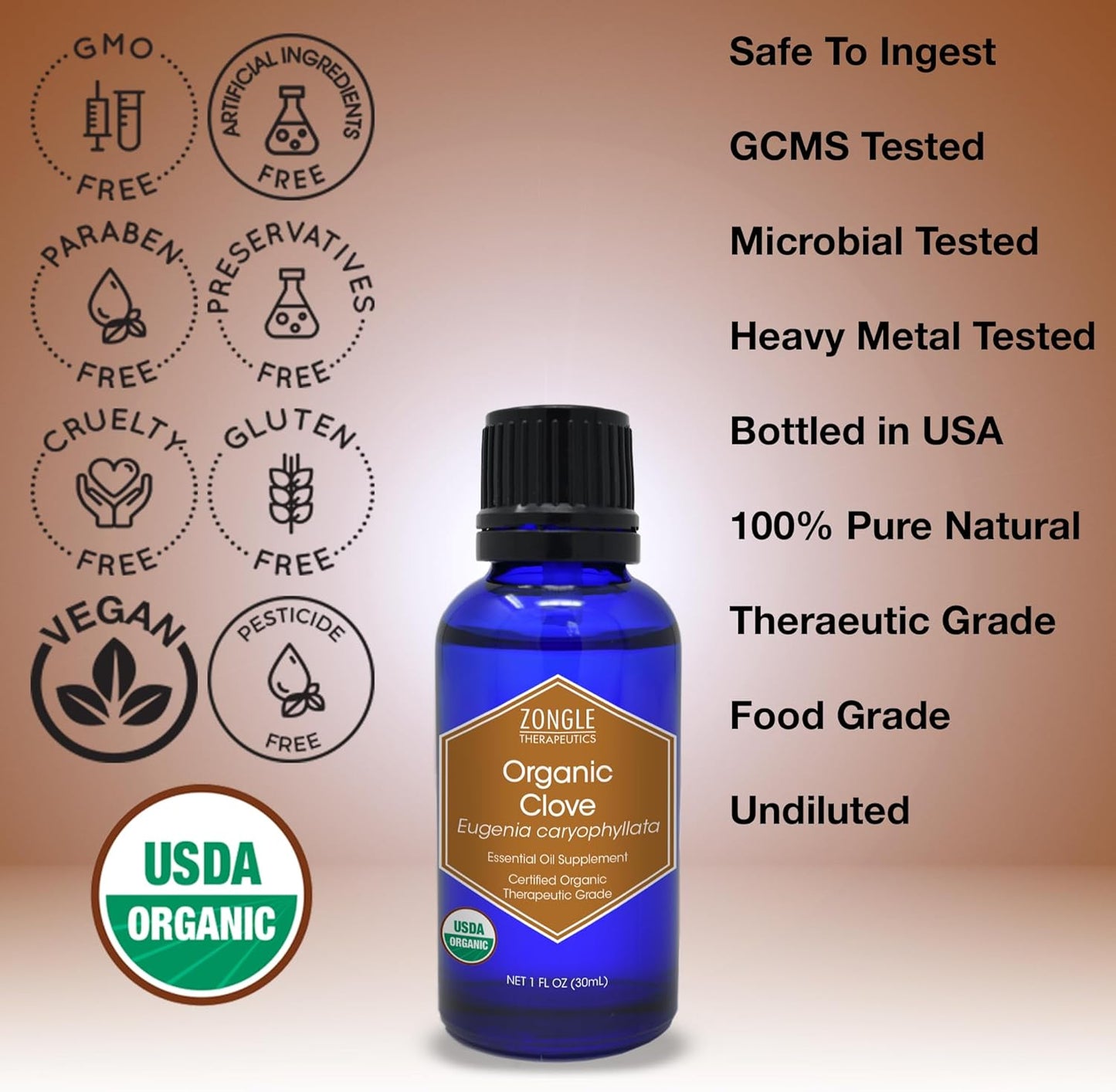 Organic, Clove Oil, Food Grade, for Teeth and Gums, Tooth Aches – 100% Pure, Clove, Bud, Essential, Oil, by Zongle Therapeutics, 1 OZ