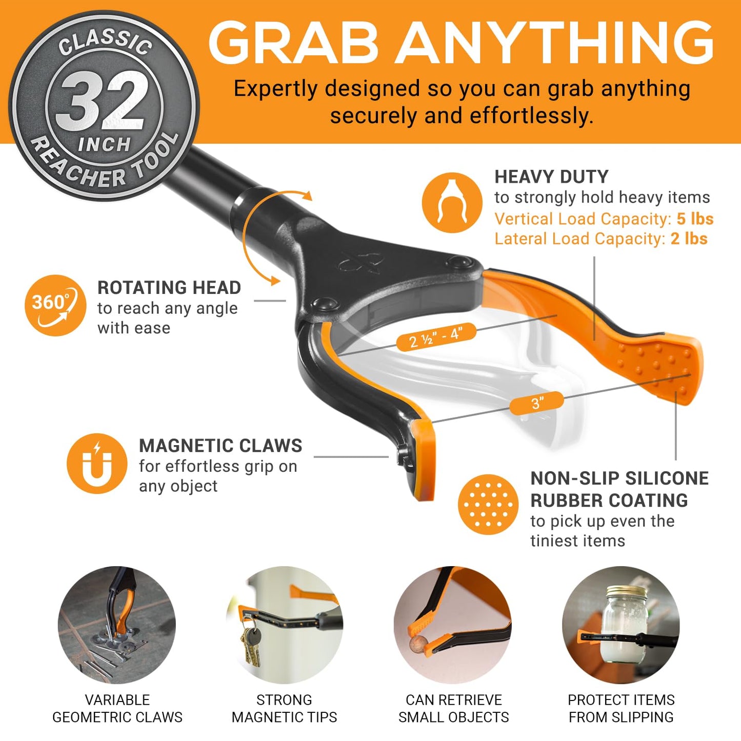 EZPIK Classic 32" Flexible Folding Grabber Tool for Elderly + Magnets, Reacher for Disabled & Seniors Heavy Duty Rotating Grippers for Reaching Underneath, Trash Grabbers & Pickers for Mobility