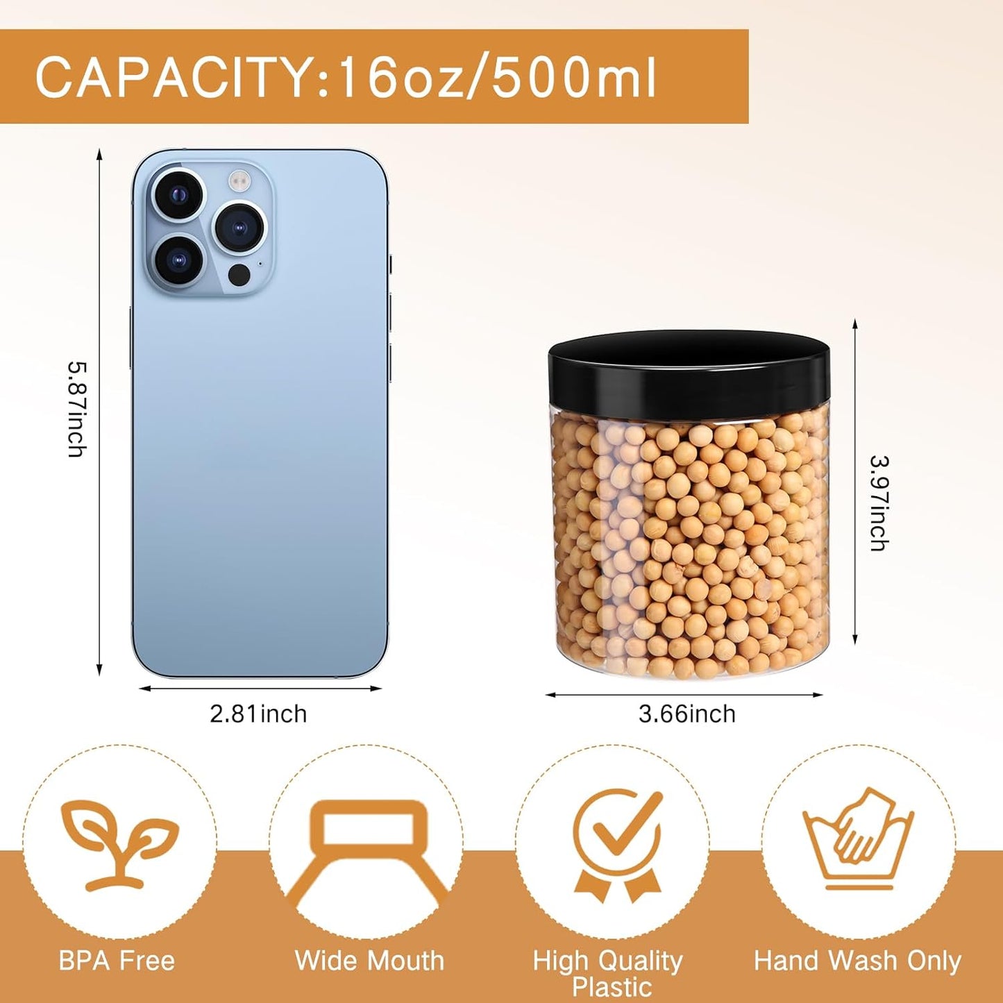 SATINIOR 12 Pack 16 oz Plastic Container Jars with Lids Round Clear Travel Cosmetic Container Slime Jars for Toiletries, Lotion, Cream, Ointments, Makeup, Rhinestone, Samples, Kitchen Storage(Black)