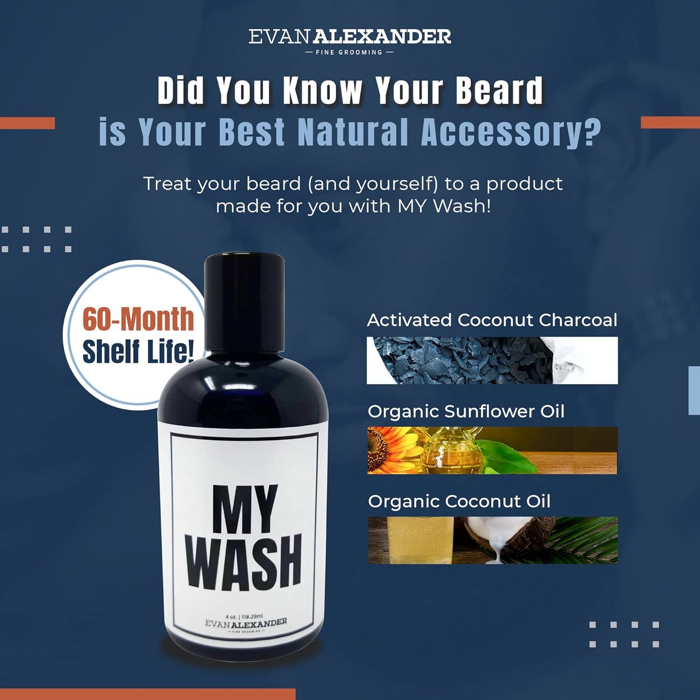 Evan Alexander Fine Grooming MY Wash Beard Shampoo | Removes Product Buildup, Cleanses, Moisturizes, and Hydrates | with Charcoal, Coconut & Sunflower Oil | 4Oz