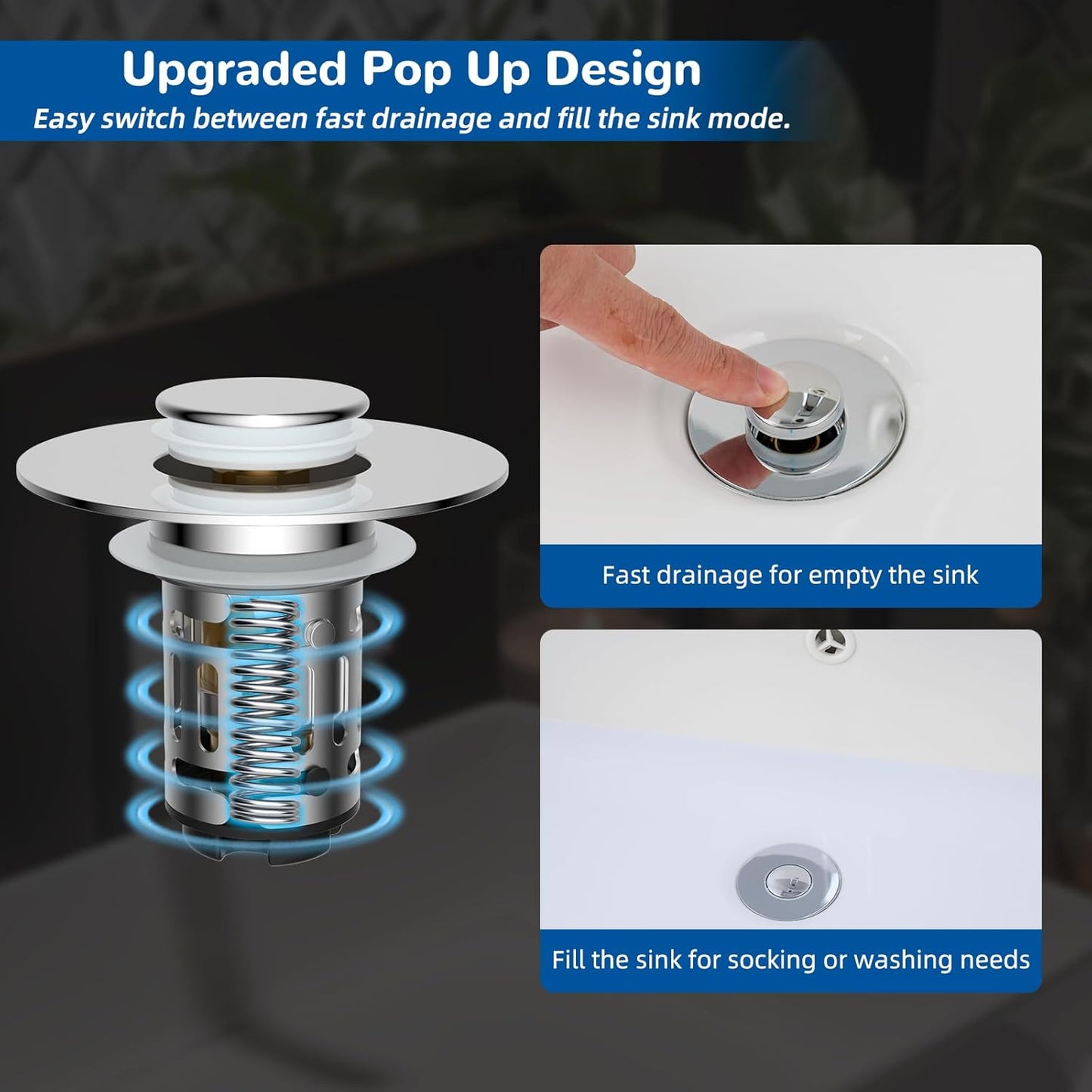 Hibbent Upgraded 3 in 1 Bathroom Sink Drain Strainer, Universal Pop Up Stopper with Removable Stainless Steel Filter Basket Hair Catcher, Sink Plug for 1.1''~2.36'' Basin, Brass Bullet Core, Chrome