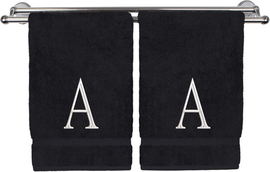 Monogrammed Hand Towel, Personalized Initial Gift, Extra Absorbent 100% Turkish Cotton - Soft Terry Finish - Set of 2 - White Block Initial A - Embroidered on Black Towels