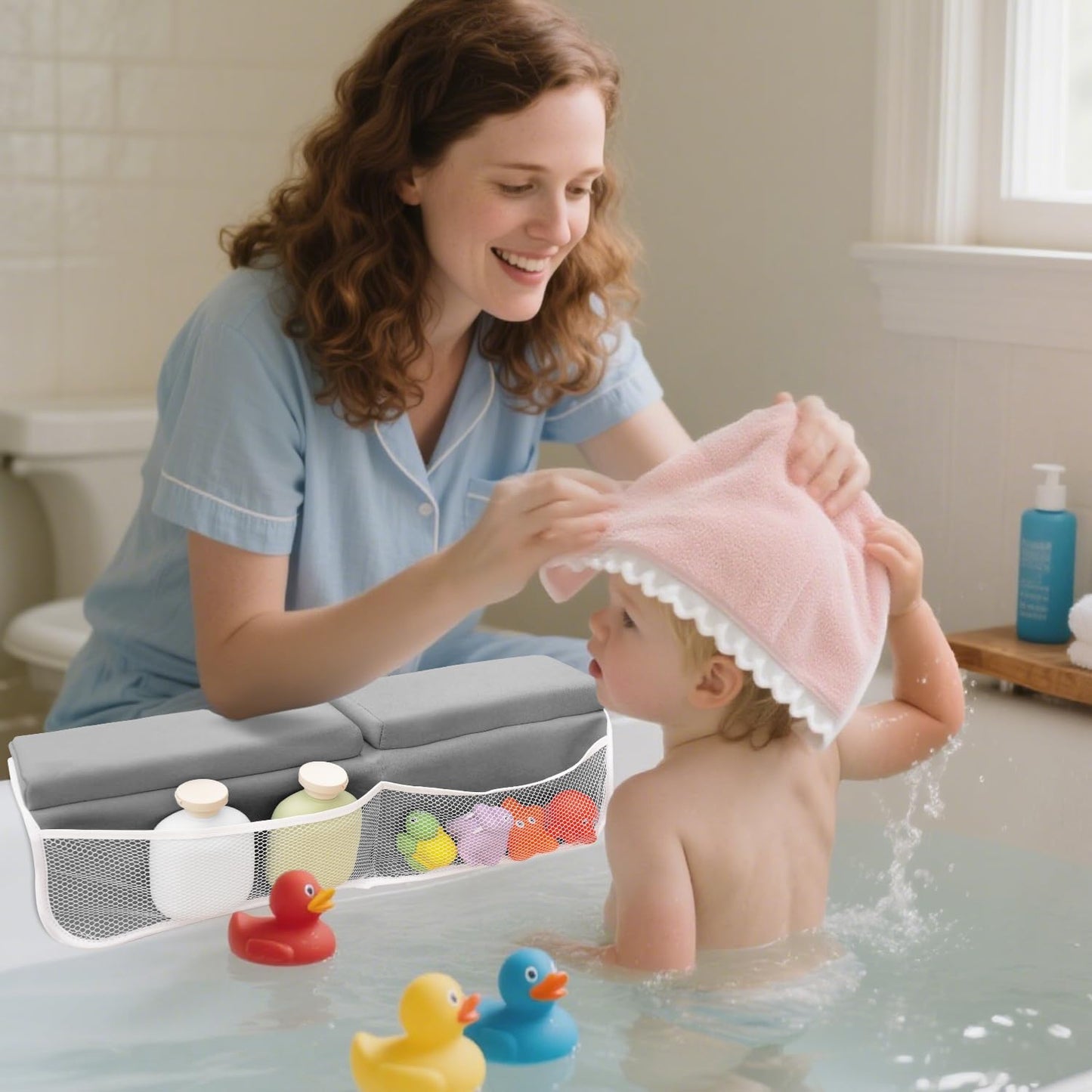 Roslim Bath Kneeler and Elbow Rest Pad Set - Quick Dry Soft Bath Mat Bundle - Non-Slip Durable Foam Kneeling Pads for Bathing, Tub Arm Rest with Toy Storage Pockets - Machine Washable, Grey