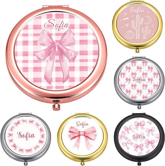 Custom Compact Mirror with Name - Personalized Flip Makeup Travel Pocket Mirror Gift for Women Bridesmaids Wedding Birthday (Bownot)