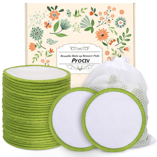 ProCIV Reusable Makeup Remover Pads - 20 Packs Washable Organic Bamboo Reusable Cotton Rounds for All Skin Types & Toner with Laundry Bag, Zero Waste Soft Reusable Cotton Pads for Woman Gift (Green)