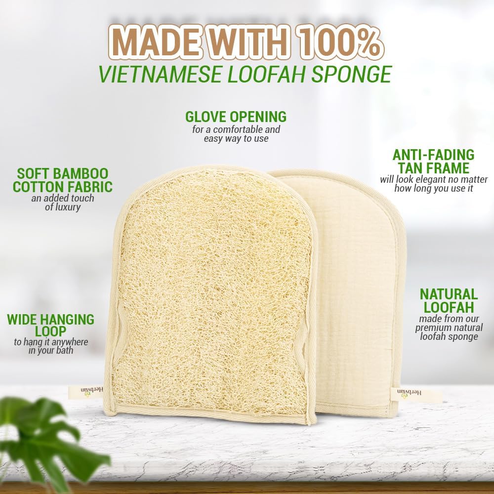 Premium Vietnamese Natural Loofah Gloves – Exfoliating Body Scrubber Mitts with Thumb Holes, Easy Grip Design, for Men & Women, Shower & Bath (Pack of 2)