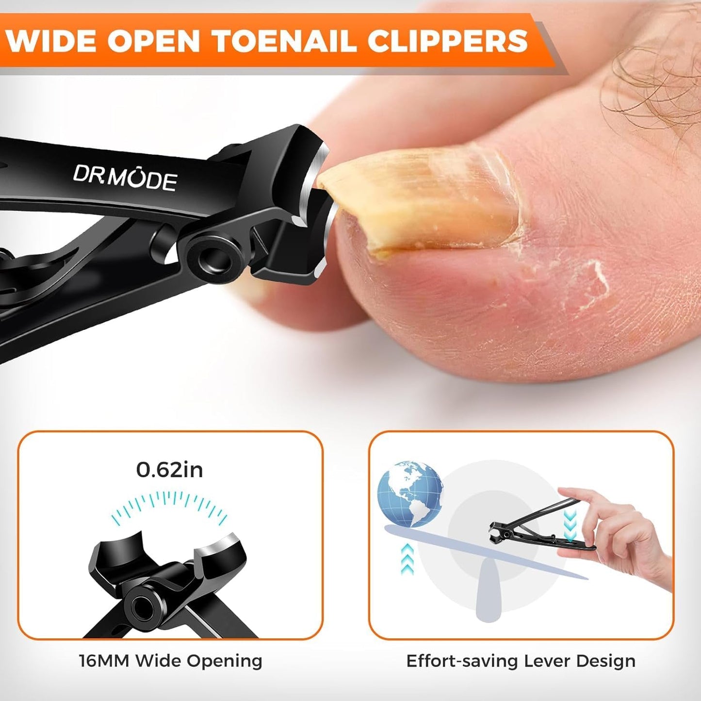 Toenail Clippers for Thick Toenails for Seniors, Angled Head Long Handled Toe Nail Clippers for Men with Wide Jaw Opening, Heavy Duty Large Finger Nail Clippers Adult Cutter with Catcher, Black