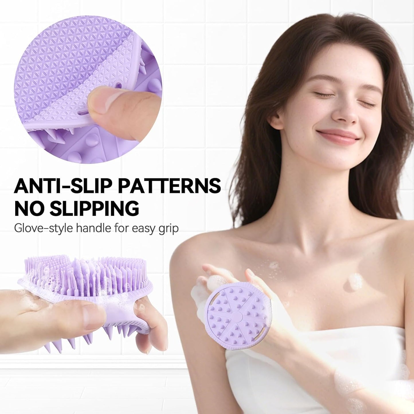 2-Pack Soft Silicone Dual-Sided Body Scrubber & Loofah | Gentle Exfoliating Shower Brush for Men & Women | Creates Rich Lather, Easy to Clean (Gray & Purple)