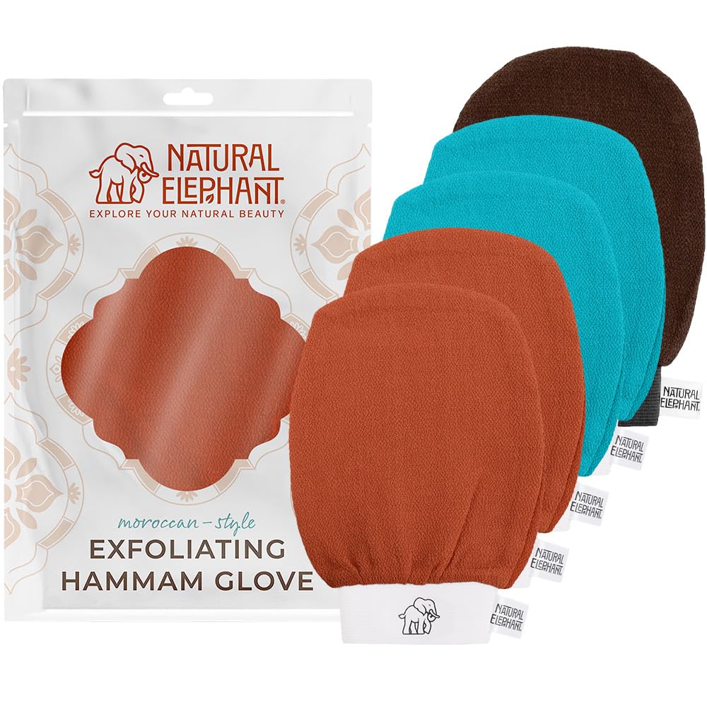 Natural Elephant Exfoliating Hammam Glove - Face and Body Exfoliator Mitt 5 and 10 Packs (2 Orange, 2 Teal, 1 Brown (Pack of 5))
