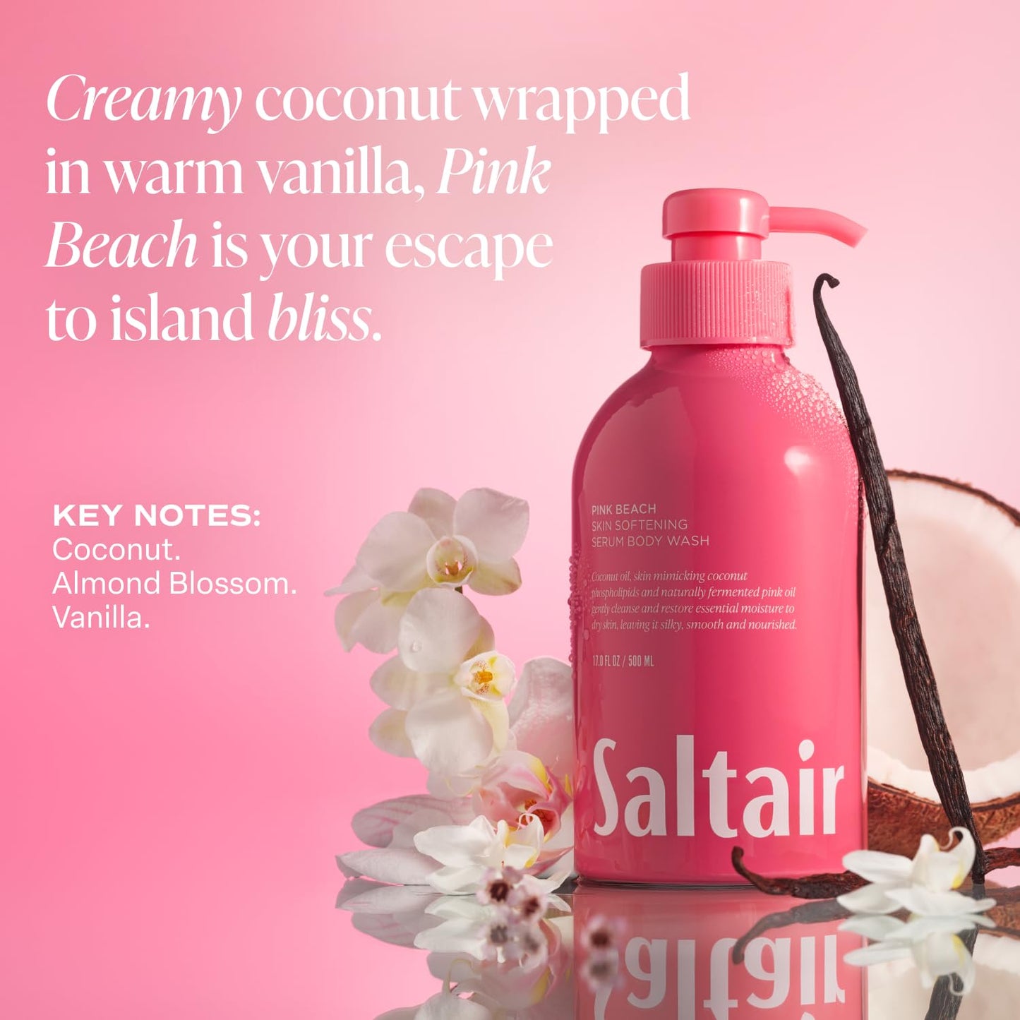 Saltair Body Wash, Pink Beach 2-Pack. Moisturizing Body Cleanser with Monoi Oil and Cupuacu Butter. Luxury Shower Gel for Women and Men. Vegan, Cruelty-Free, Paraben-Free. 2x 17oz Pump Bottles