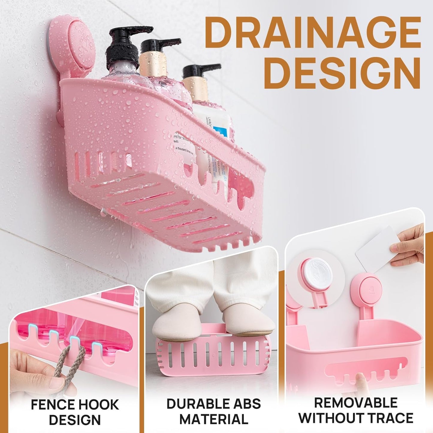 LEVERLOC Shower Caddy Suction Cup 2 Pack, Shower Organizer Removable Bathroom Shelf, Storage Suction Powerful Max Hold 22lbs Bathroom Caddy Waterproof Holder, Pink