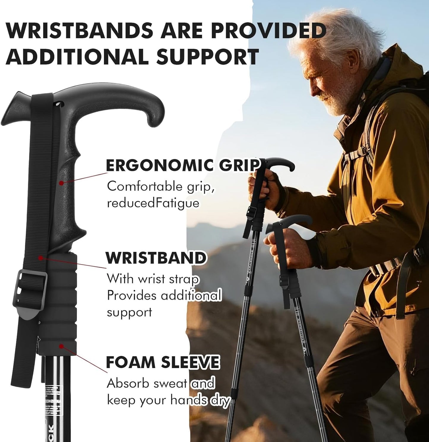 Telescopic Walking Cane 43 Inch with Anti-Shock & T-Grip Handle - 7075 Aluminum Quick Lock Trekking Pole, Ultralight for Hiking, Camping, Mountaineering