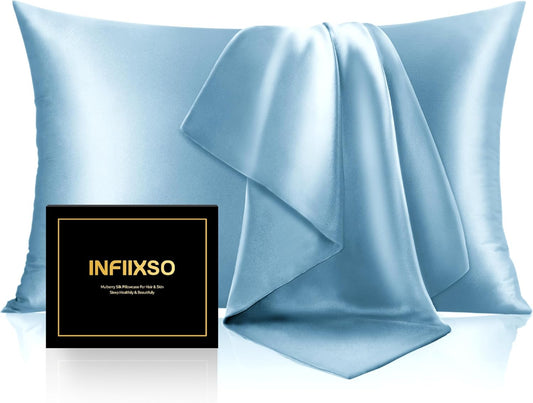 INFIIXSO Mulberry Silk Pillowcase for Hair and Skin, Silk Pillow Cases Standard Size with Hidden Zipper 20x26 Inches, Super Smooth and Soft Cooling Pillow Cases for Hot Sleepers(Light Blue, 1 Pack)