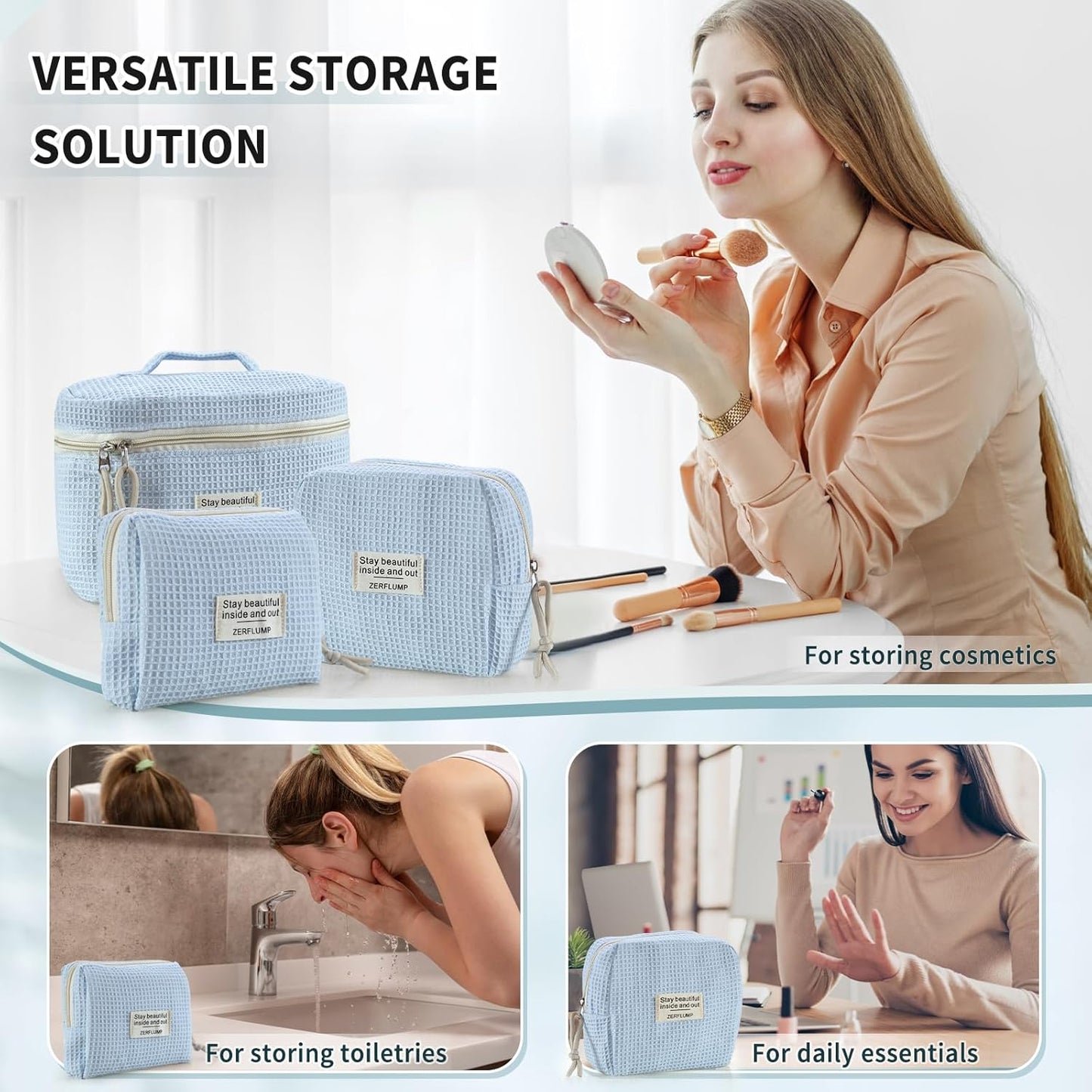 Cute Quilted Floral Makeup Bag(3Pcs)，Coquette Aesthetic Cosmetic Bag，Travel Toiletry Bags， Kawaii Aesthetic pouch for Women (92 - Blue)