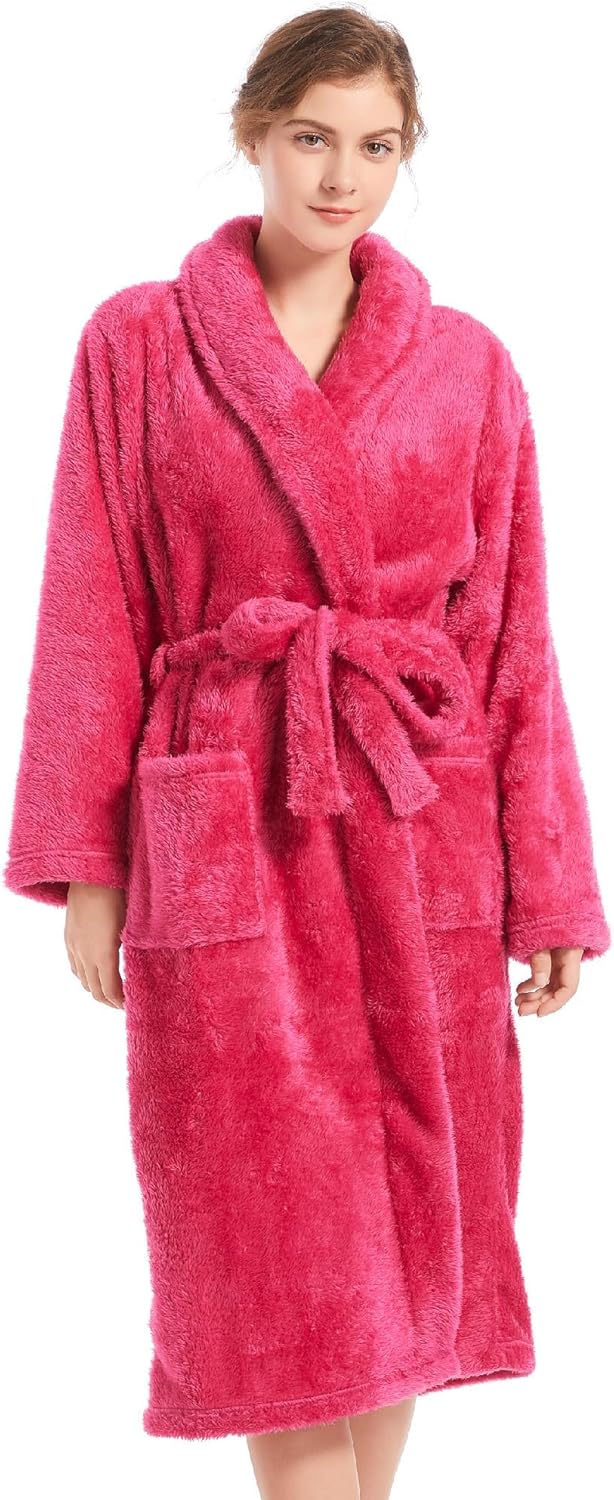 Inner Wish Womens Plush Fleece Robe, Cozy Warm Bathrobe Fuzzy Female Spa Robe With Pockets
