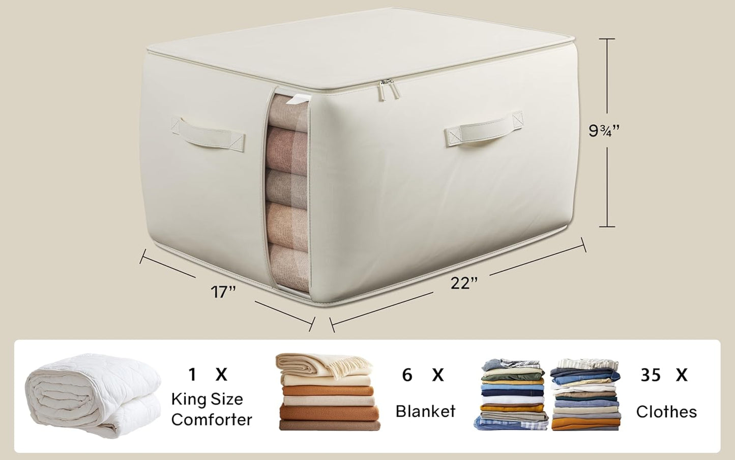 Large Canvas Clothes Storage Bags with Thick Handles and Clear Window, Foldable Cotton Linen Underbed Closet Organizer for Clothing, Blankets and Bedding, 60L, 3 Pack, Beige