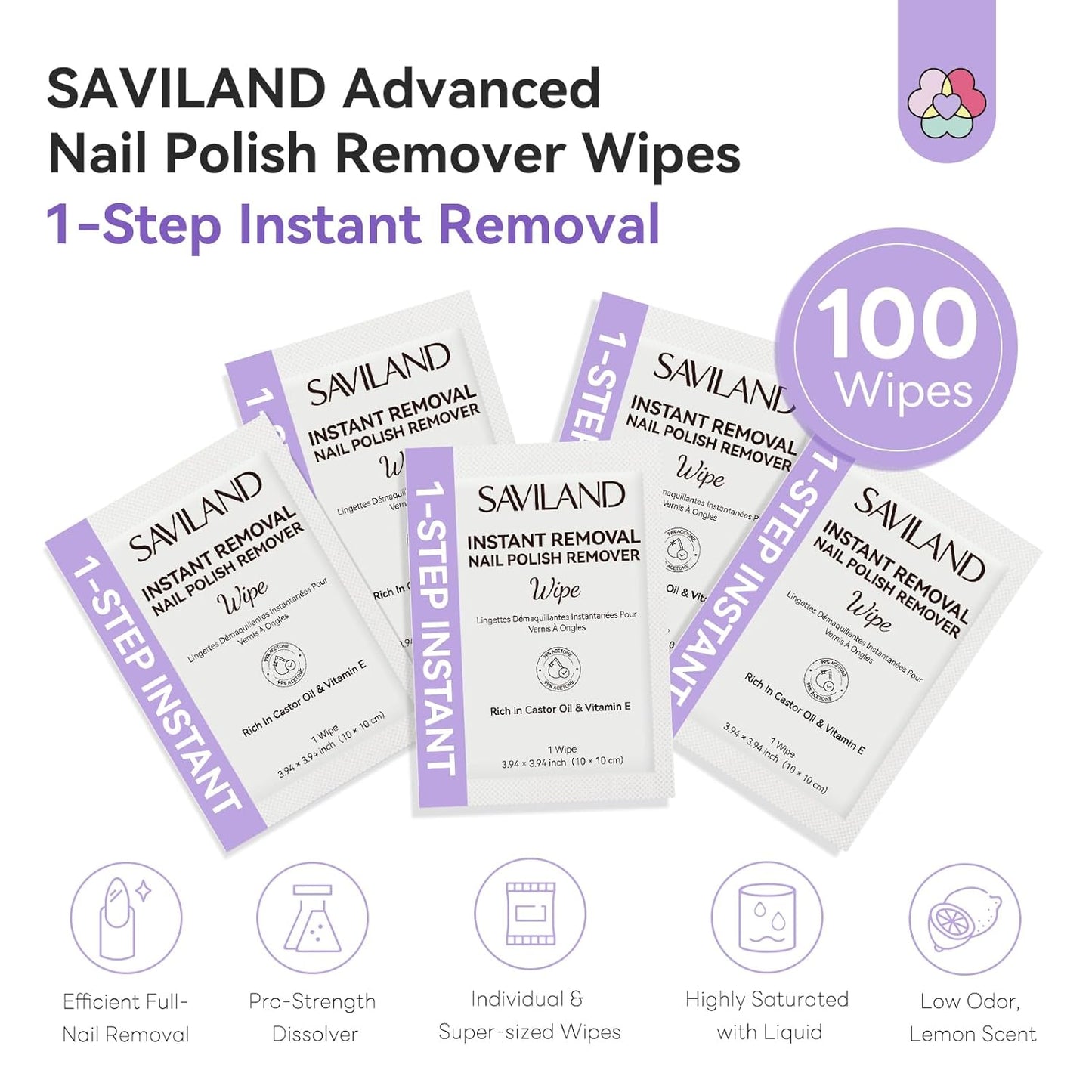 SAVILAND Advanced Nail Polish Remover Pads: 100 PCS Nail Polish Remover Wipes Super-sized 1-Step Instant Removal For Nails Pad Non-Irritant Individually Wrapped Pads For Salon Use