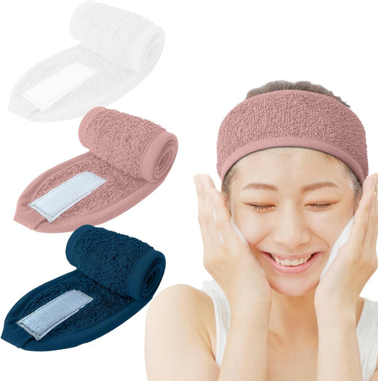 Dan River Facial Spa Headband, Pack of 3, Makeup Shower Bath Wrap Sport Headband Velcro Adjustable Ultra Soft Terry Cloth Stretch Towels for Face Washing, Shower, Yoga and Makeup
