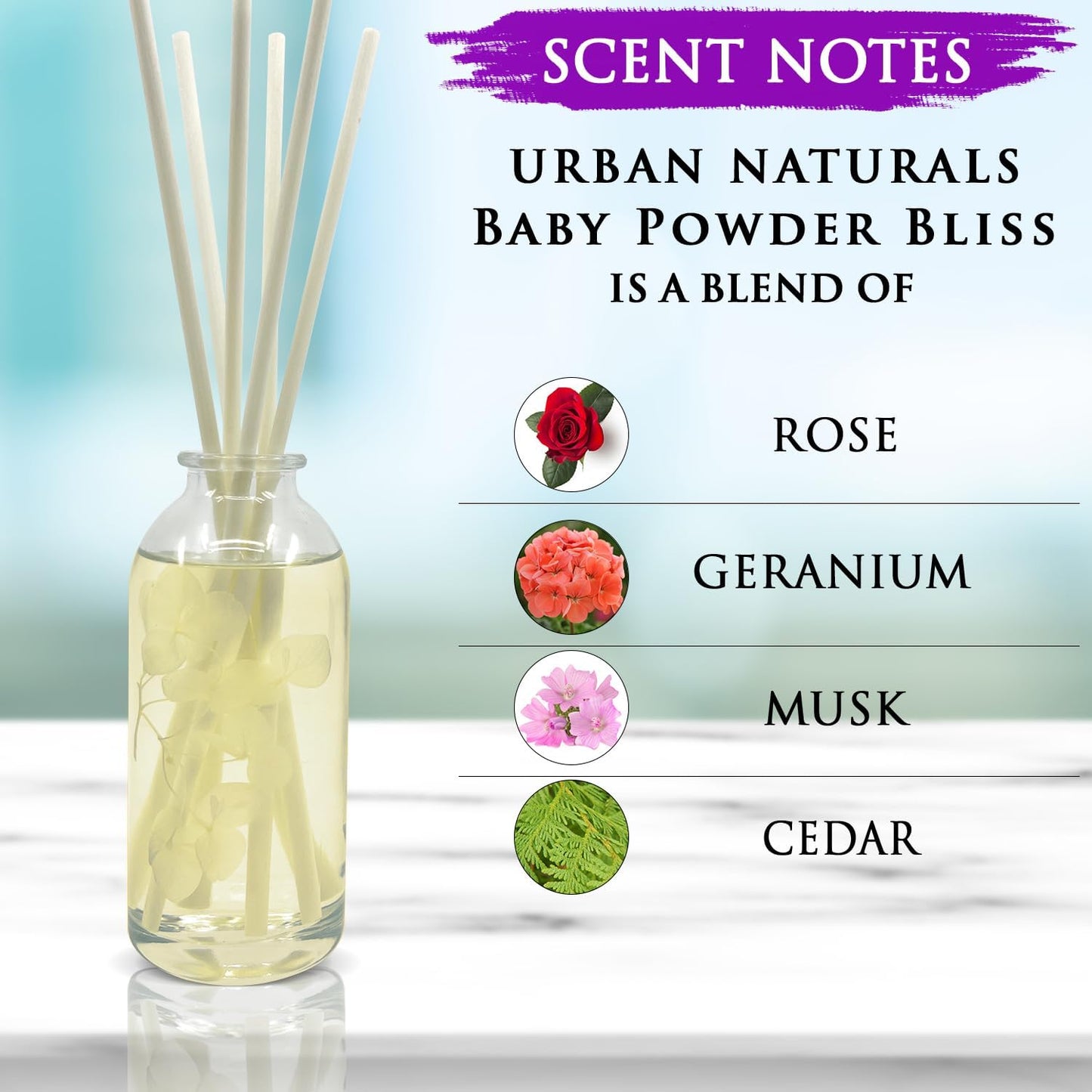 Urban Naturals Baby Powder Bliss Reed Diffuser Set | Made with Essential Oils & Real Botanicals | Powdery Floral Notes, Rose, Geranium, Musk & Cedar | Makes a Great Gift | Made in The USA