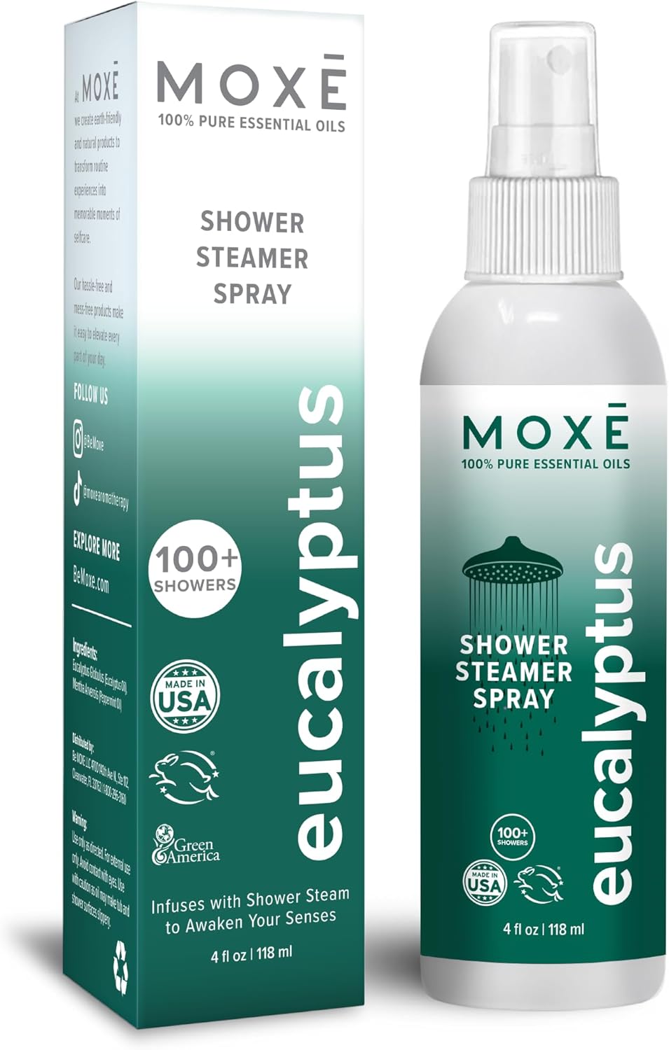 MOXĒ Eucalyptus Oil Shower Mist, Spa Steam Spray, Certified Natural 100% Essential Oils, Made in USA, Aromatherapy, Sinus Congestion Relief, Tension Relief, 4 Ounces