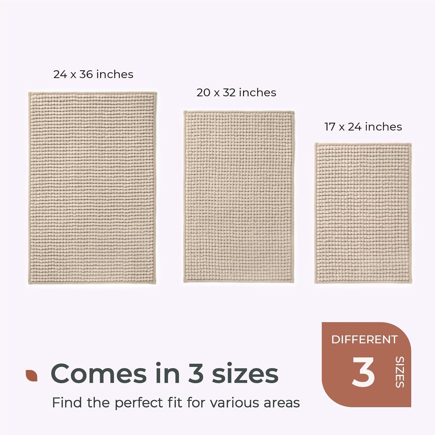 FRESHMINT Thick Chunky Chenille Bathroom Rug, 17"x24", Non Slip Bath Mat, Soft Decor Accessory, Cute Shower Mat, Water Absorbent, Washable, Beige