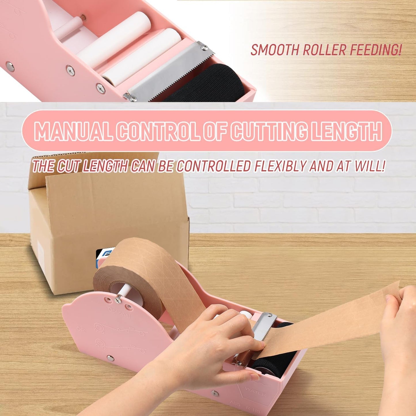 Water-Activated Tape Dispenser, Manual Kraft Gum Tape Dispenser, Width Adjustable 1.18-3.15", Light Weight & Portable Packing Tape Dispenser Set, Light Pink