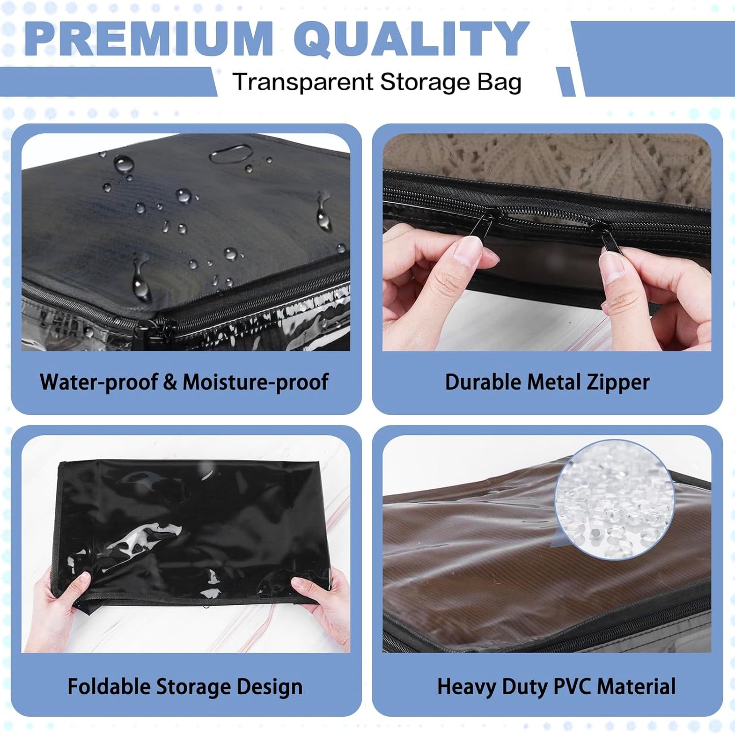 Clear Zippered Storage Bags Plastic Sweater Storage Bags with Zipper 6 Packs Clothing Organizer for Blankets Linen Sweater Bed Sheet Quilt Clothes Pillow (18 x 15 x 9 Inch, Black)