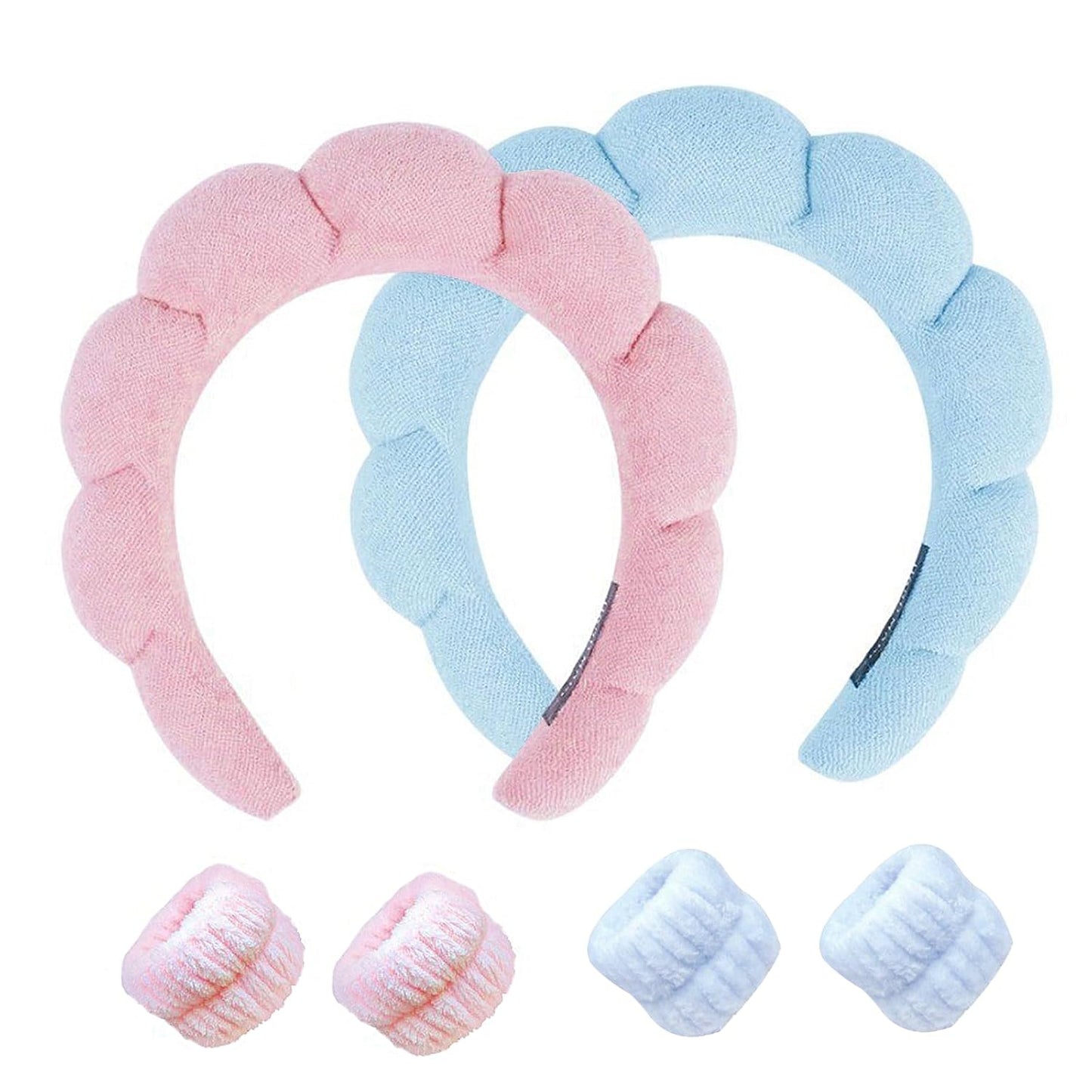 Spa Headband and Wristband Set for Women,Terry Cloth Sponge Headband for Washing Face,Makeup,Facial Mask and Skincare (Blue,Pink, One Size)