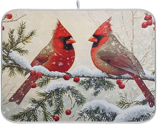 Christmas Dish Drying Mat Red Cardinals Birds Snowflake Branches Berries Winter Christmas Dish Drainer Mat for Kitchen Counter 18x24 inch Drying Mat Absorbent Microfiber Dish Mat
