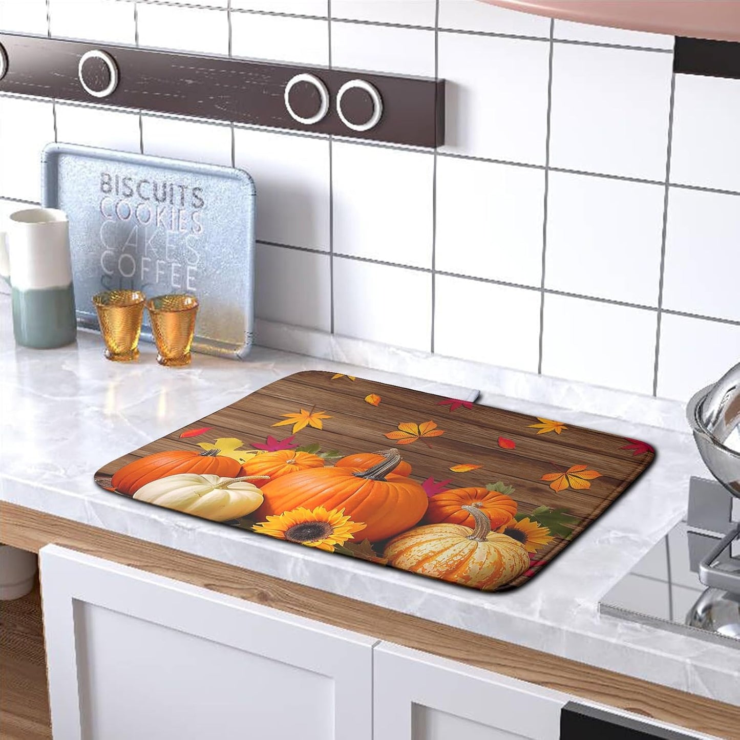 AutumnThanksgiving Pumpkin Dish Drying Mat for Kitchen Counter 18x24 Inch Fall Sunflowers Maple Leaves Harvest Kitchen Drying Mat Microfiber Super Absorbent Dish Rack Drainer Mat with Hanging Loop
