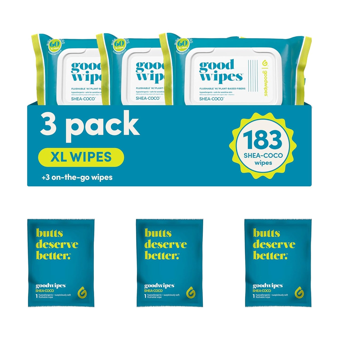 goodwipes Flushable Butt Wipes - Vitamin E & Aloe - Soft & Gentle Wet Wipe Dispenser, Septic & Sewer Safe - Largest Adult Toilet Towelettes - Shea-Coco, 180 Count (3 Packs) + 3 Individually Wrapped