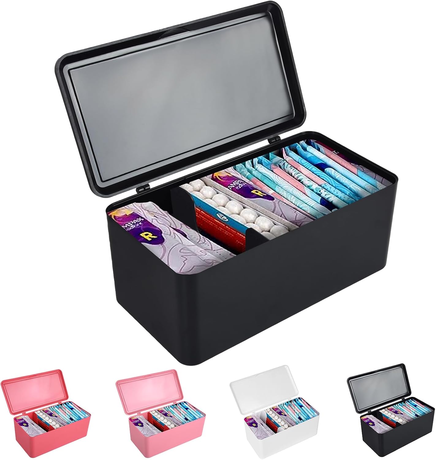 Pad and Tampon Organizer for Bathroom,Sanitary Napkin Holder, Pad and Tampon Organizer for Period, Sanitary Napkin Storage Container, Black