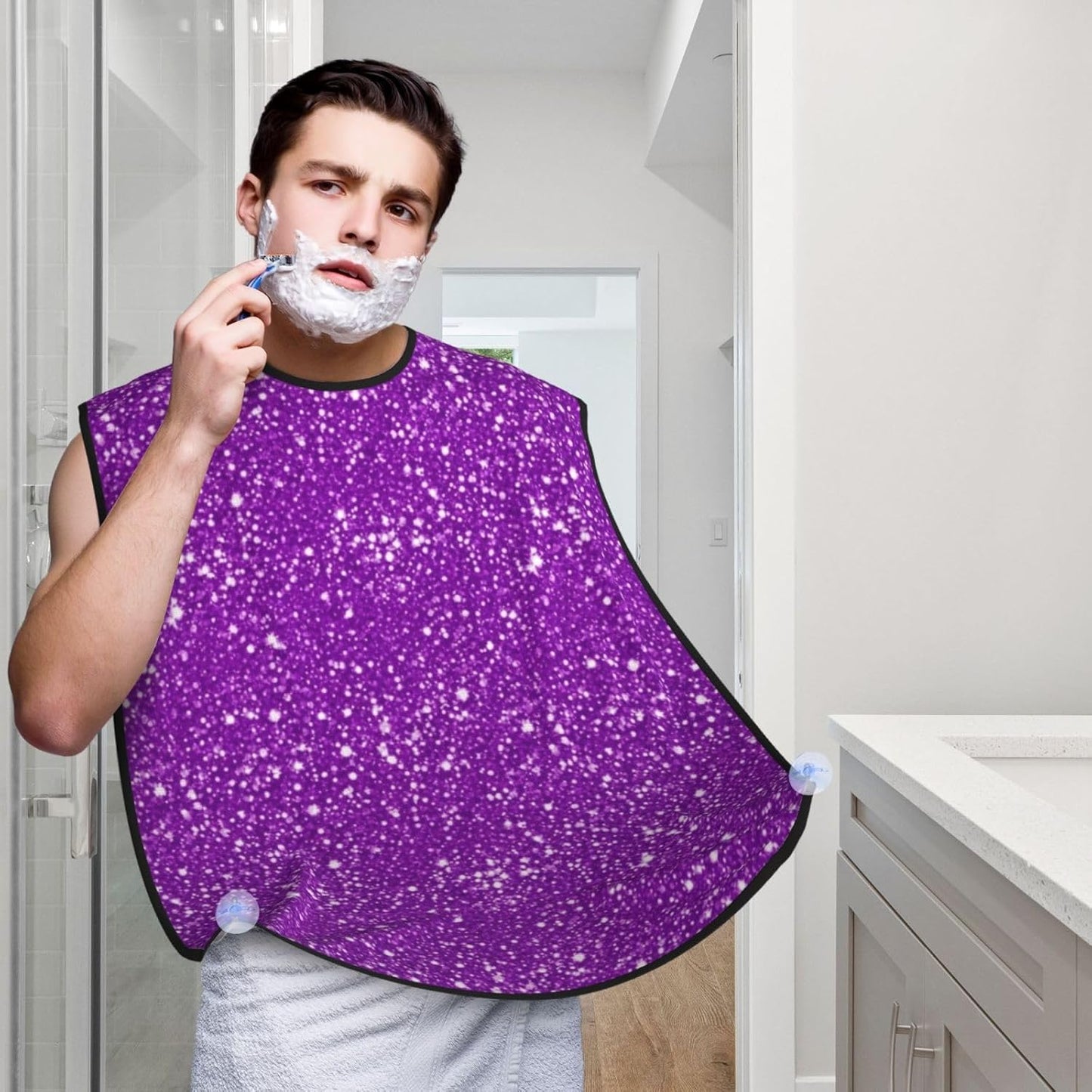 Beard Bib with 3 Suction Cups, Non-Stick Waterproof Hair Catcher Apron, Men's Shaving Essential for Grooming, Purple Glitter Sparkle Pattern Shave Bib