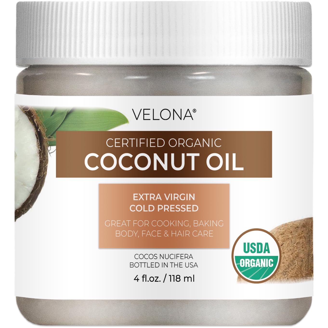 Velona USDA Certified Organic Coconut Oil Extra Virgin - 4 fl oz | Food and Cosmetic Grade | in jar | Extra Virgin, Cold Pressed