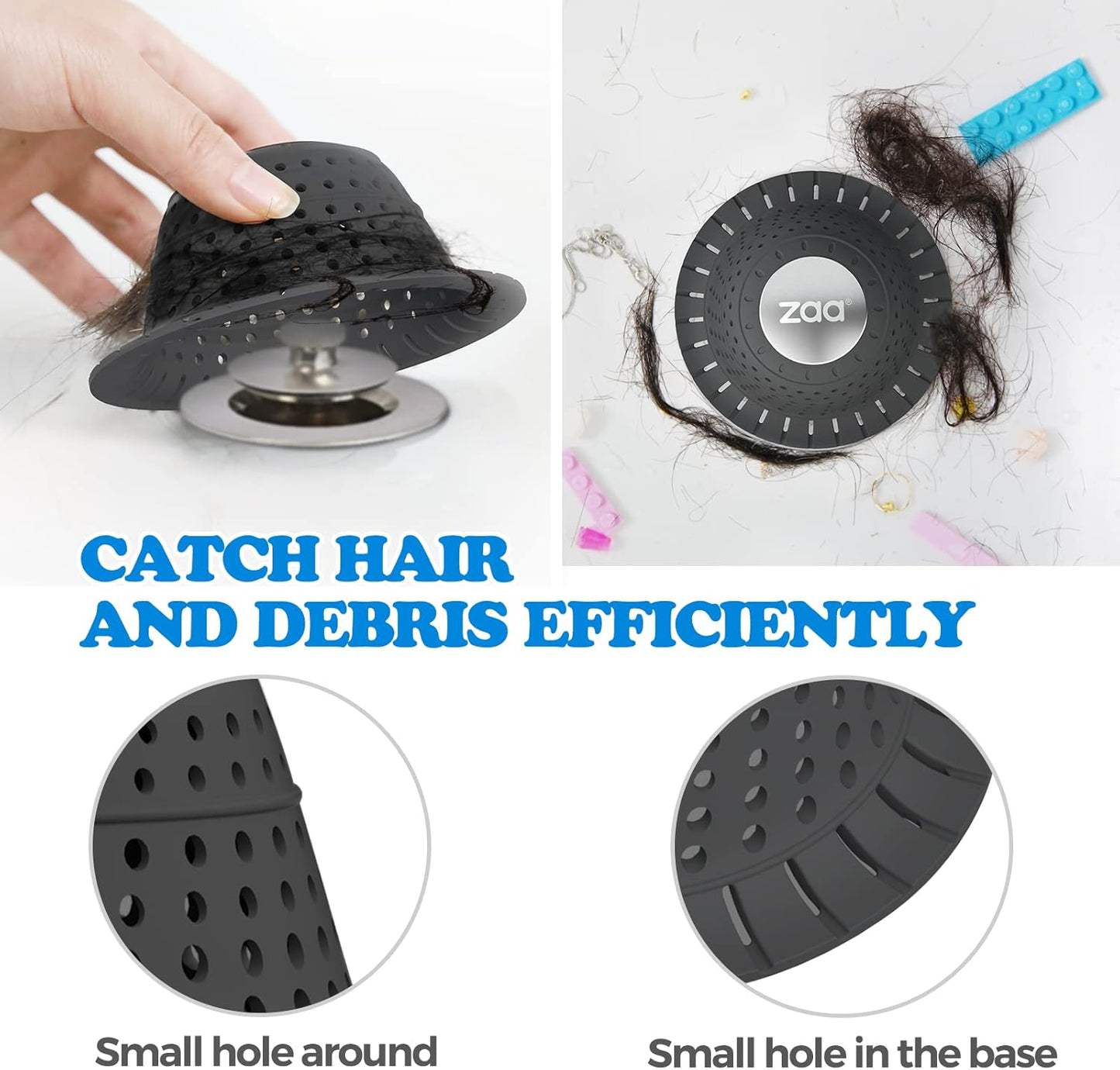 zaa Bathtub Drain Hair Catcher, Silicone Collapsible 1 Pack Drain Protector for Pop-Up and Regular Drains of Shower,Tub, Bathroom, Sink, Charcoal Black