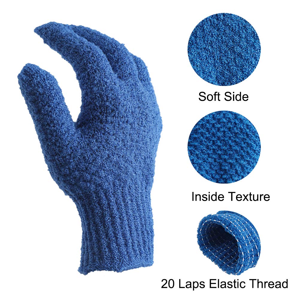 Bath Exfoliating Gloves Scrub - 4 pcs (2 Pair) Lengthened and Large Exfoliating Scrubbing Gloves for Shower, Spa, Massage - Scrub Exfoliating Mitts for Body, Face, Hand and Foot（Blue and Pink）