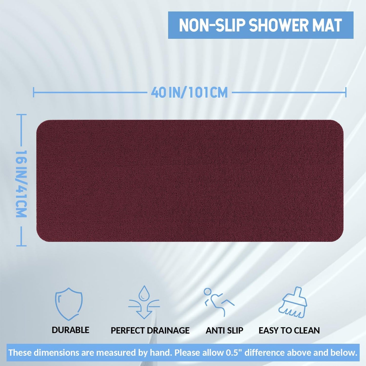 Non-Slip Bathtub Mat, Anti Slip Shower Mat, Fast Drying Bathtub Mats, Foot Scrubber Mat, Anti Slip Mat for Tub, Floor, Bathroom, Kitchen, Home, Hotel (Wine Red 40"×16")