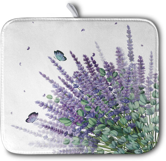 Purple Lavender Dish Drying Mat for Kitchen Counter Spring Summer Floral Microfiber Dish Drainer Mats Green Leaves Butterfly Absorbent Reversible Dish Drainer Rack Mat 16x18 Inch